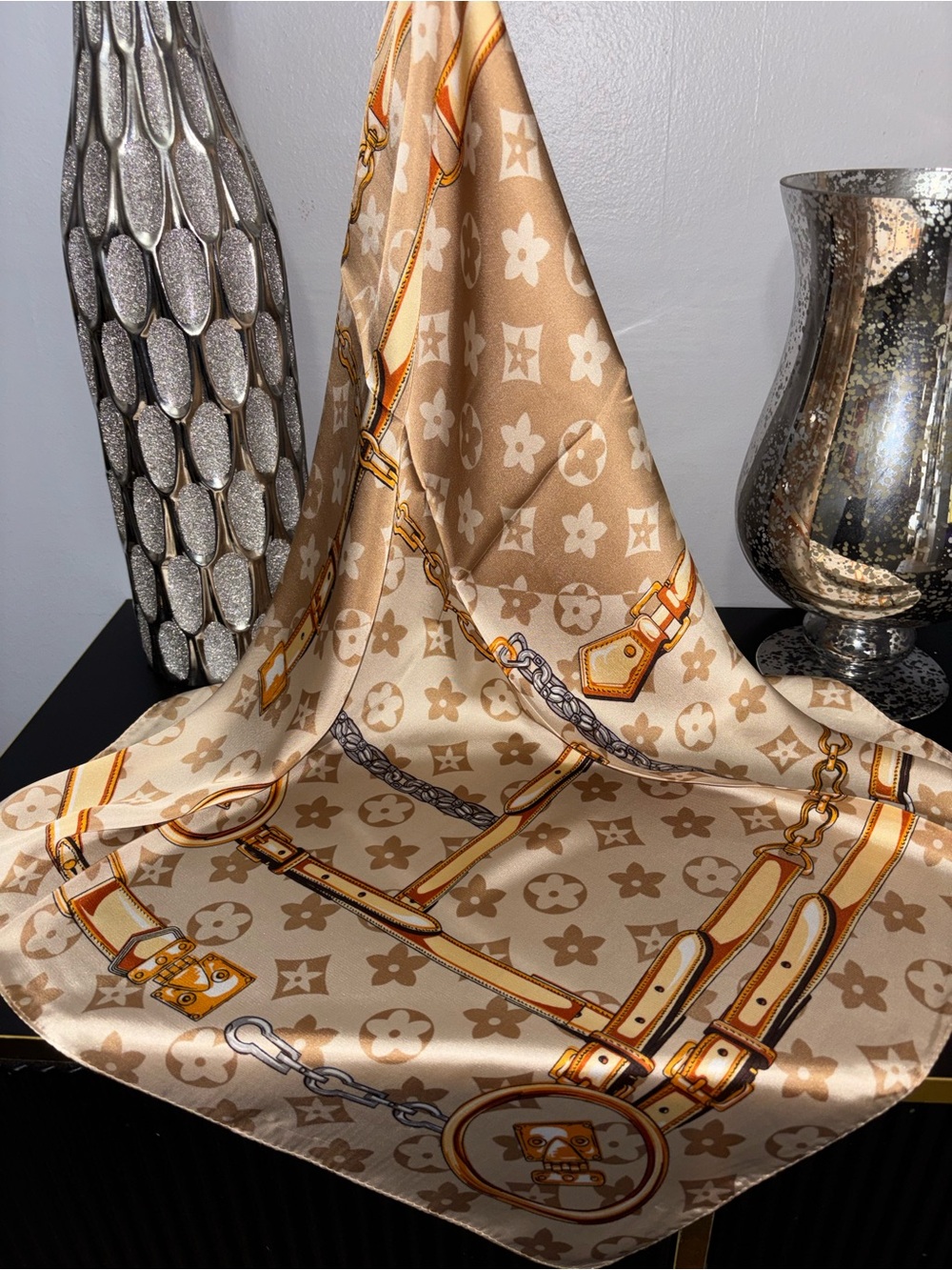 β¨ Chic Monogram Print Silk Square Scarf - Beige & Gold β¨ - Picture 8 of 8
